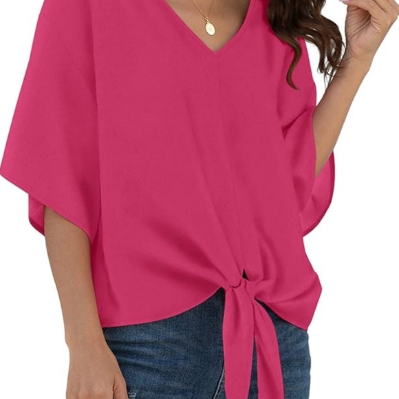 Womens Tie Front Chiffon Blouses V Neck Batwing Short Sleeve Top - Picture 2 of 6